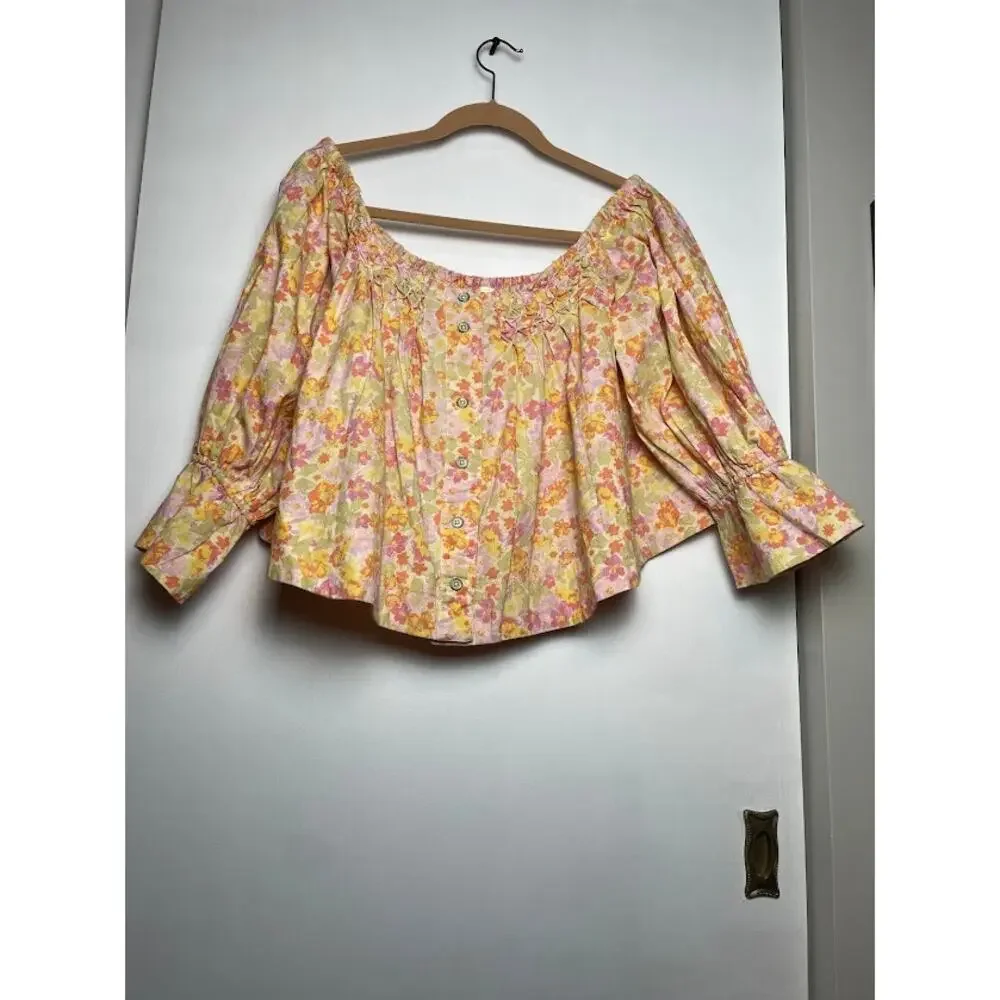 Free People Pastel Floral Off-Shoulder Button Front Top